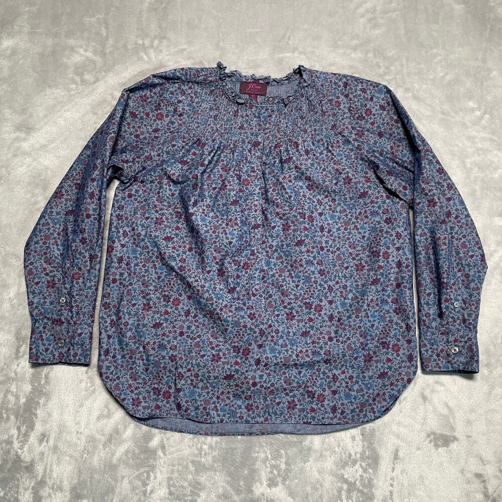 J Crew Liberty Fabric Shirt Womens XS Blue Ditsy Floral Ruffle Prairie Cottage